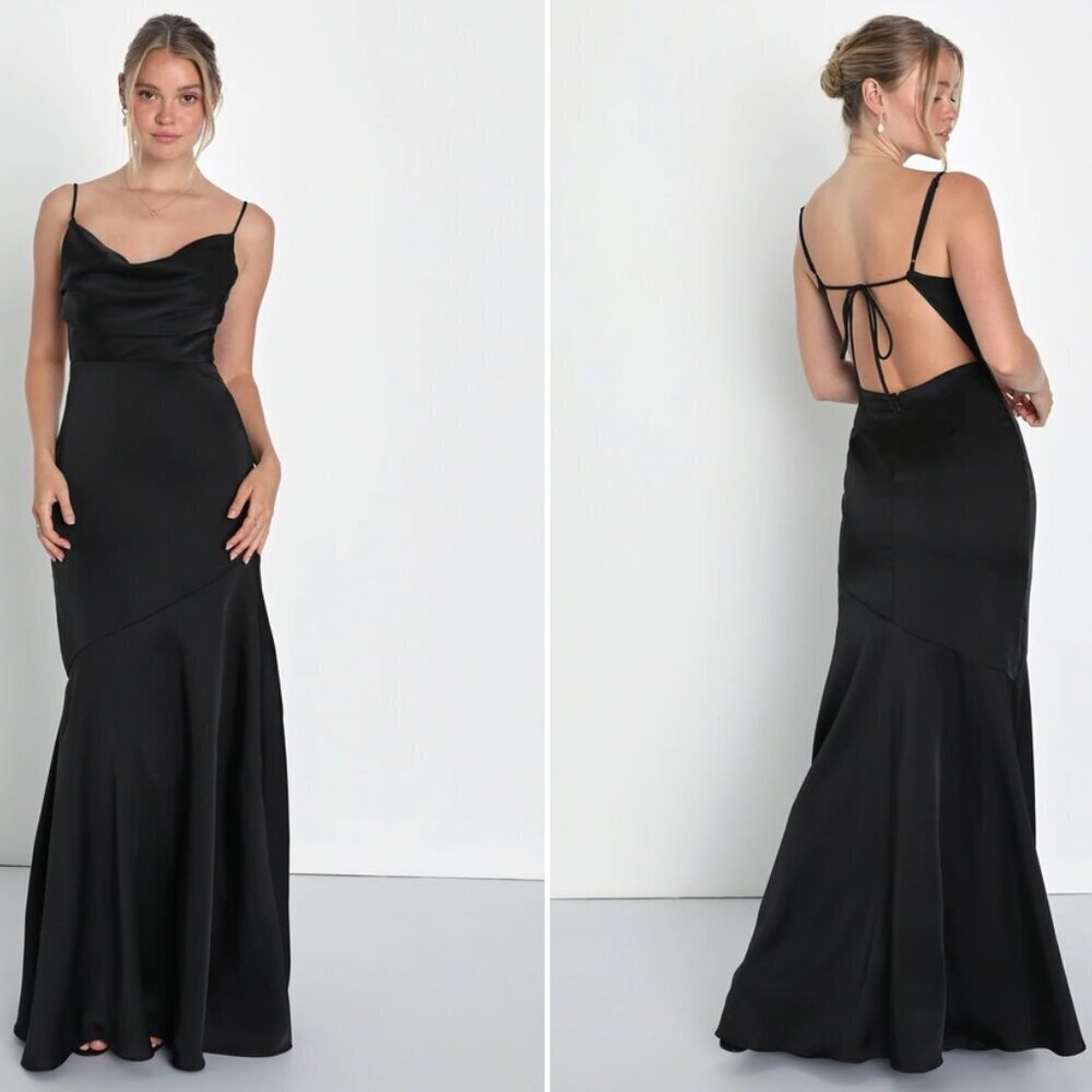 LULU's Elegant Wedding Glamorous Satin Sexy Cowl Neck Mermaid Gown • XS